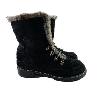Stuart Weitzman Suede Fur Lined Lace Up Combat Boots Black Women's Size 7.5